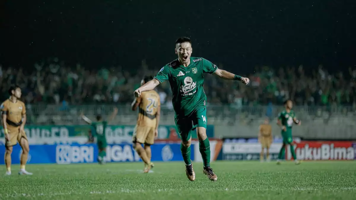 Sho Yamamoto selebrasi usai mencetak gol ke gawang Dewa United.