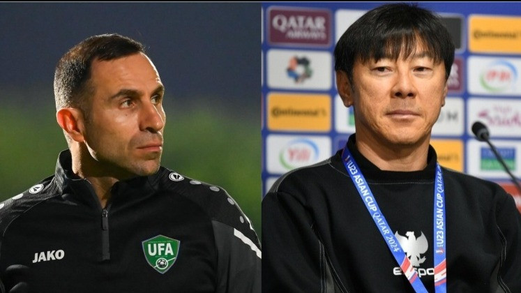 Pelaith Uzbekistan U-23, Timur Kapadze dan pelatih Timnas Indonesia, Shin Tae-yong.