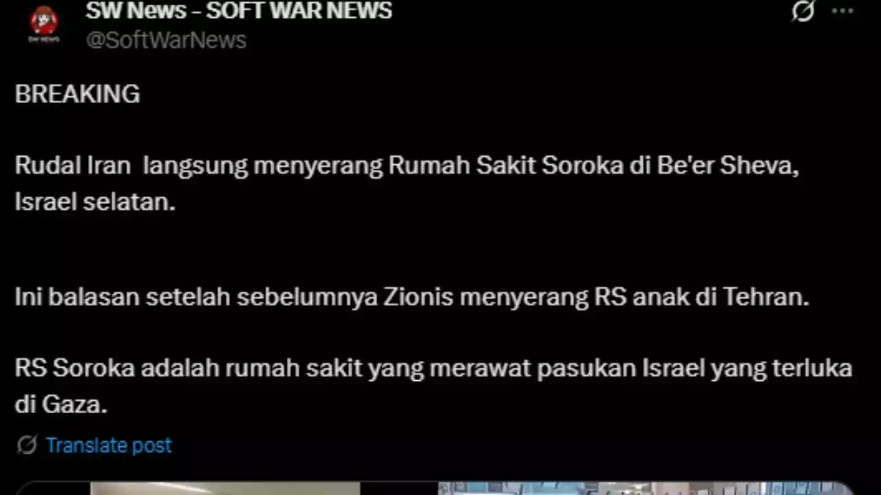 Salah satu akun media sosial X mengunggah video rudal Iran yang menghantam Rumah Sakit Soroka di Israel Selatan