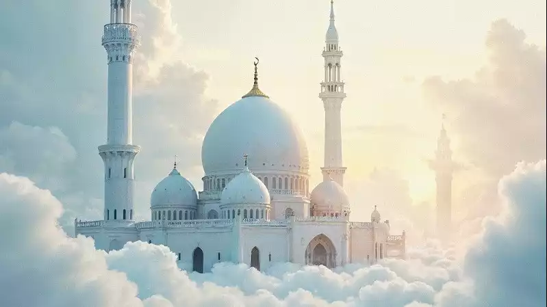 Ilustrasi masjid di atas awan