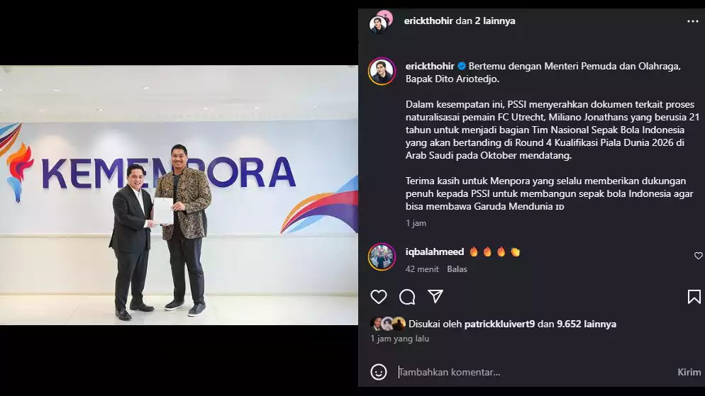 Erick Thohir Umumkan Miliano Jonathans akan Dinaturalisasi
