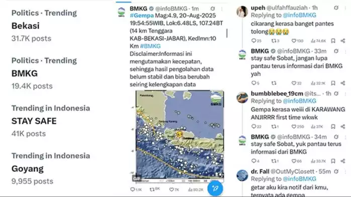 Gempa mengguncang Bekasi, dirasakan oleh netizen di media sosial X