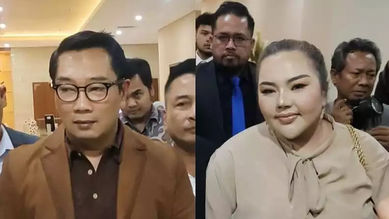 Mantan Gubernur Jawa Barat Ridwan Kamil (kiri) dan Lisa Mariana (kanan) saat keduanya hadir secara terpisah untuk dilakukan pemeriksaan di Gedung Bareskrim Polri, Jakarta Selatan, Kamis (7/8).