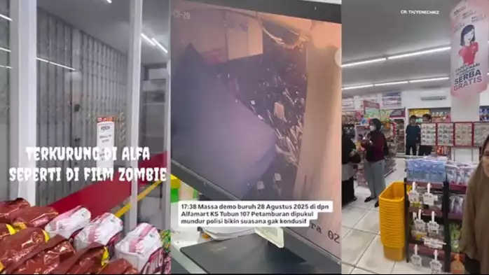 Seorang wanita terkurung di sebuah minimarket saat sejumlah massa rusuh di wilayah Petamburan