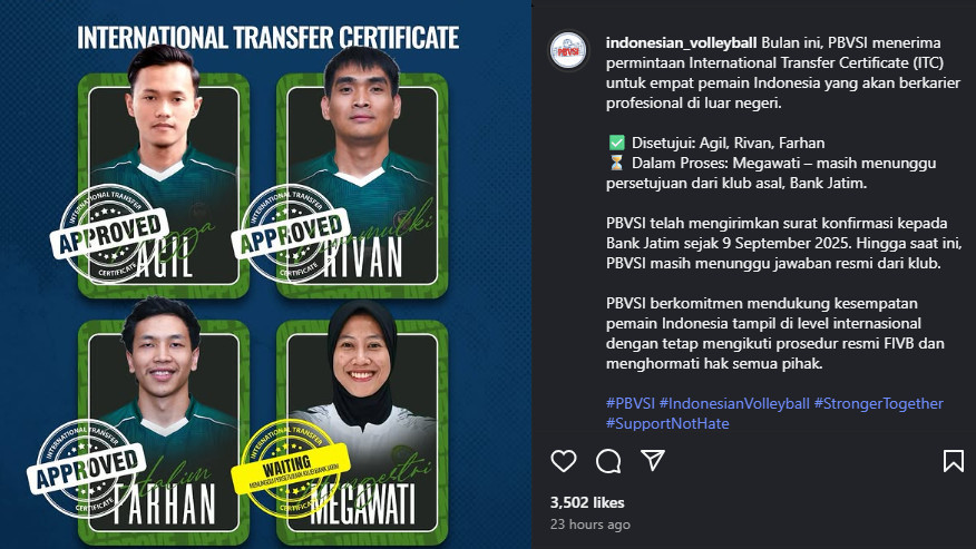 Omongan Megawati Hangestri 4 Bulan Lalu Soal Susahnya Izin untuk Main di Luar Negeri Terbukti? Kini, Bank Jatim juga Ikut-ikutan...
            - galeri foto