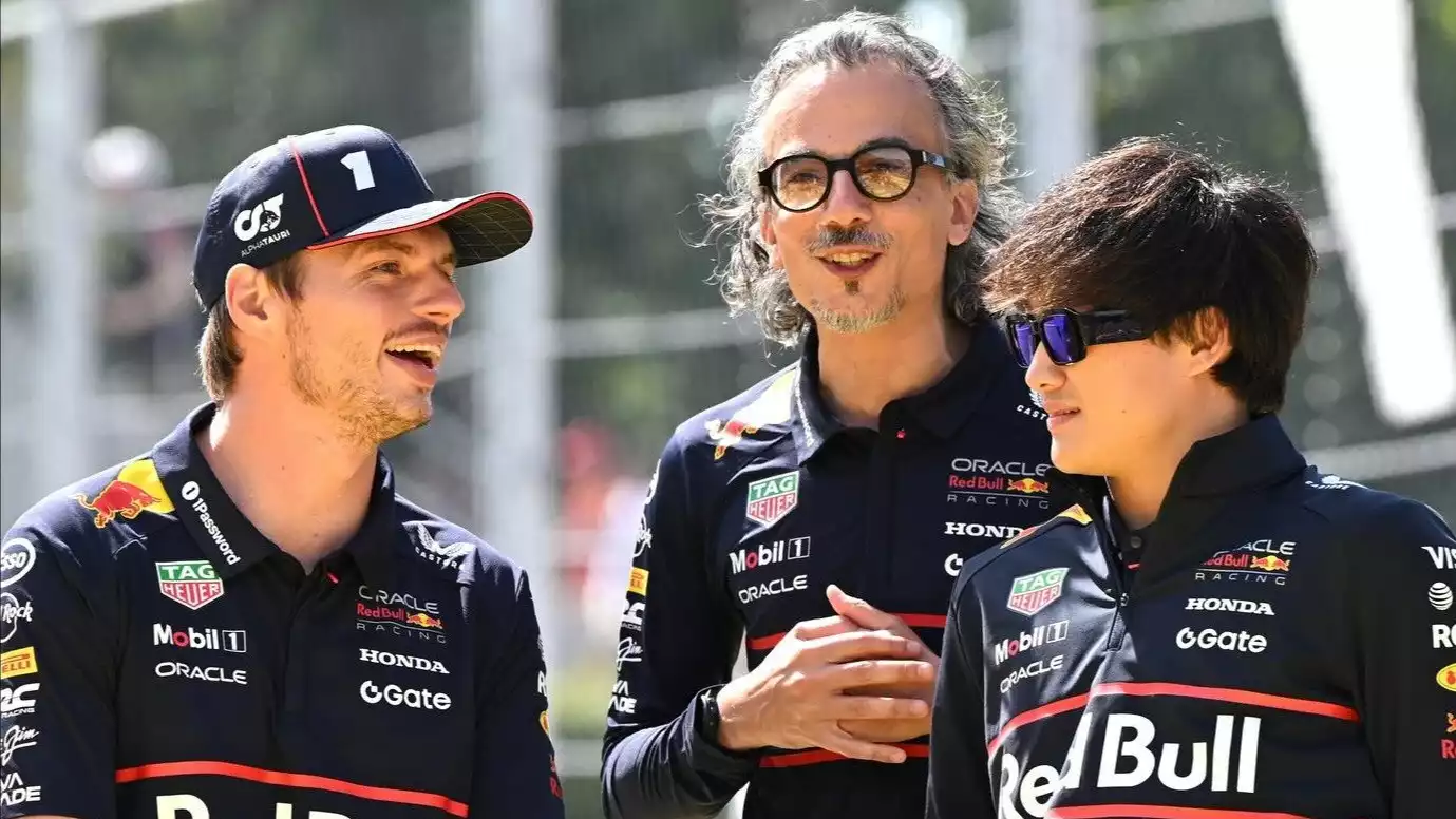 Max Verstappen, Laurent Mekies dan Yuki Tsunoda
