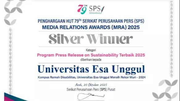 Sertifikat Penghargaan SPS untuk Biro Humas Universitas Esa Unggul.