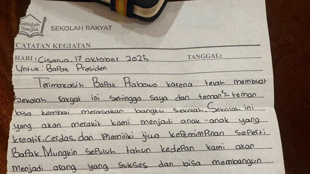 Selembar surat dari Siswa Sekolah Rakyat untuk Presiden Prabowo Subianto.