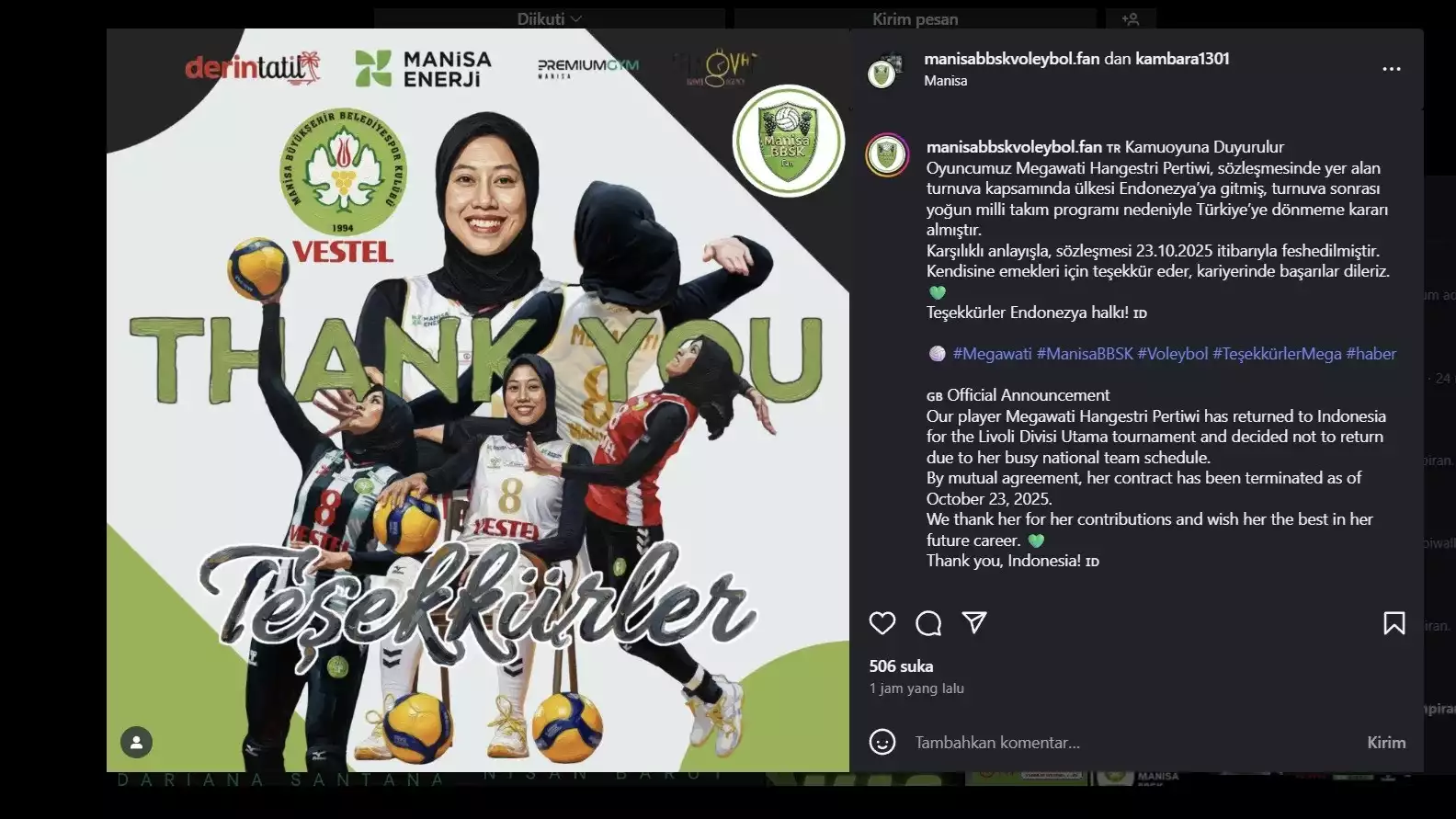 Megawati Hangestri resmi tinggalkan Manisa BBSK Turki.