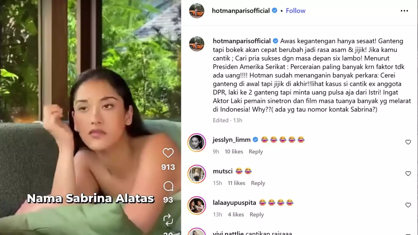 Unggahan Hotman Paris soal Sabrina Alatas dan Hamish Daud