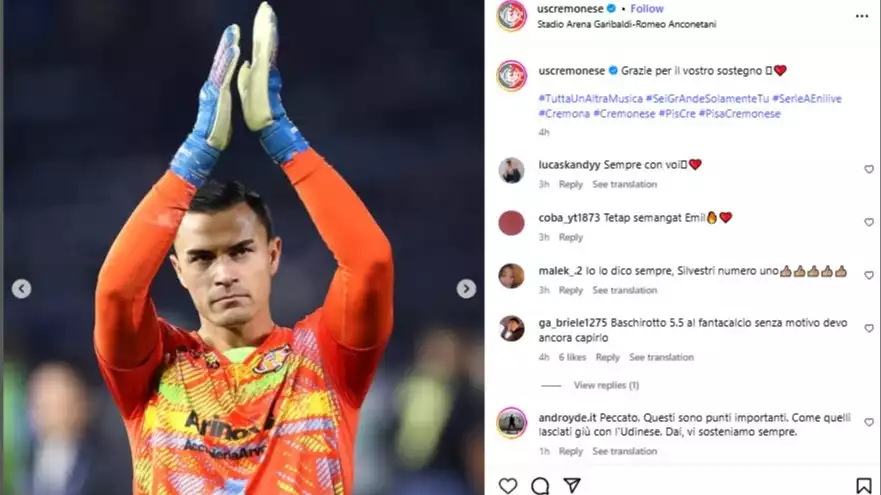 Emil Audero saat Cremonese hadapi Pisa SC di Liga Italia 2025-2026