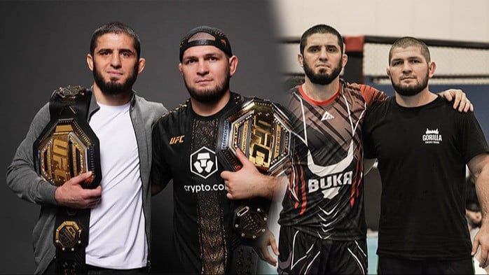 Khabib Nurmagomedov dan Islam Makhachev usai menjadi juara baru kelas Welter UFC.