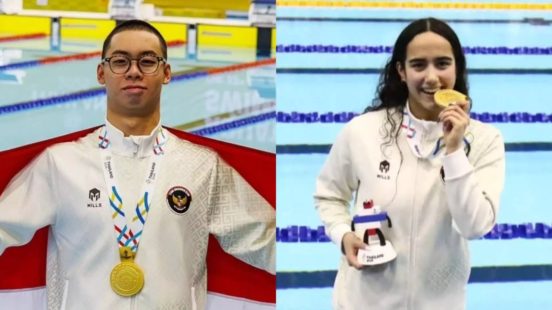 Jason Donovan Yusuf (kiri) dan Masniari Wolf (kanan) peraih medali emas dari cabor renang di SEA Games 2025