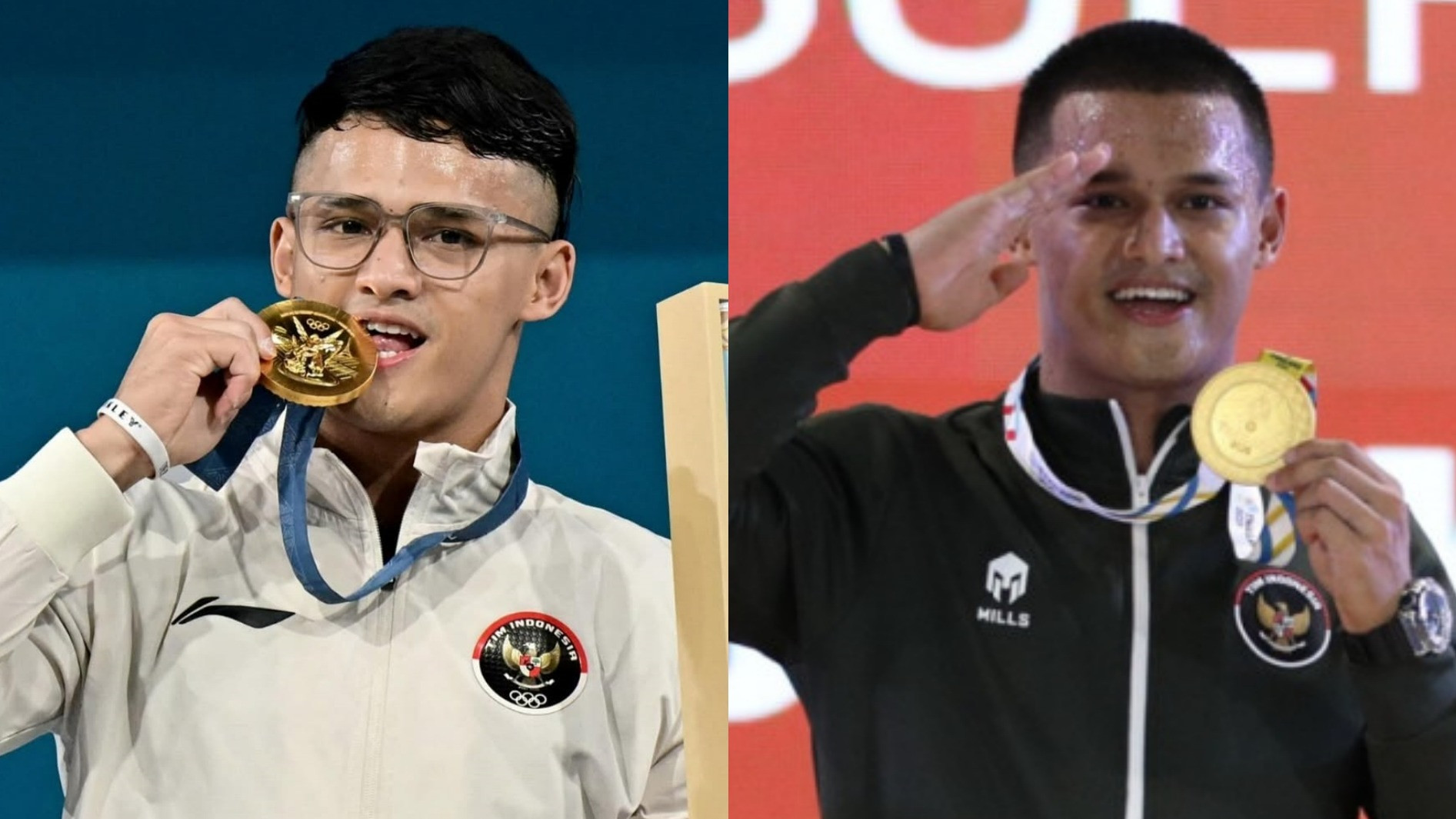 Rizki Juniansyah saat menyabet medali emas di Olimpiade Paris 2024 (kiri) dan SEA Games 2025 (kanan)