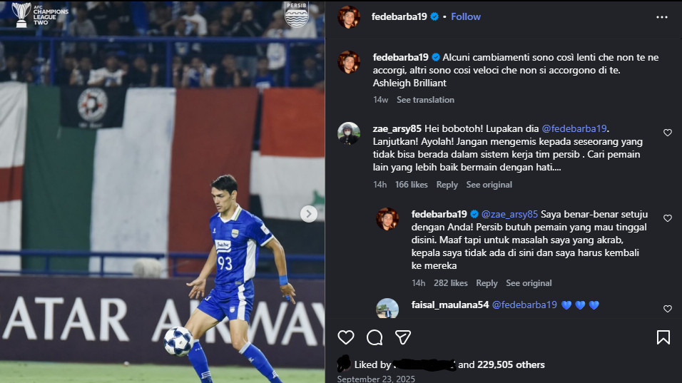 Jawab Pertanyaan Bobotoh, Federico Barba Mantap Tinggalkan Persib Bandung: Saya akan Tetap di Eropa
            - galeri foto