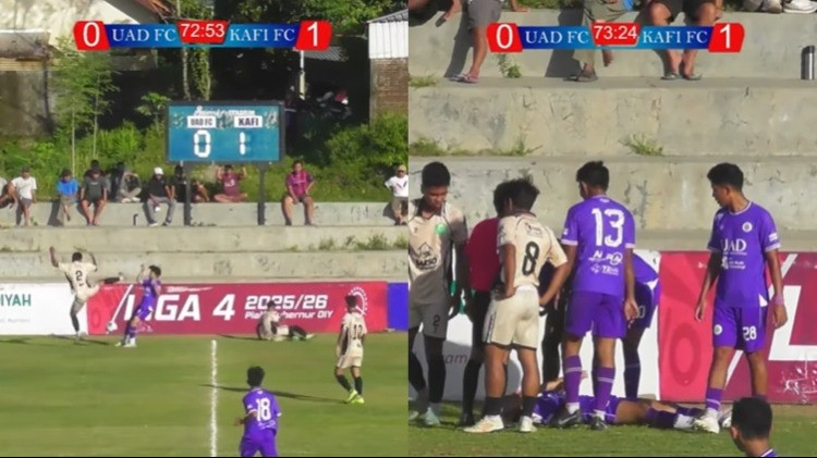 Tendangan kungfu pemain KAFI FC Dwi Pilihanto Nugroho terhadap lawannya Amirul (UAD)