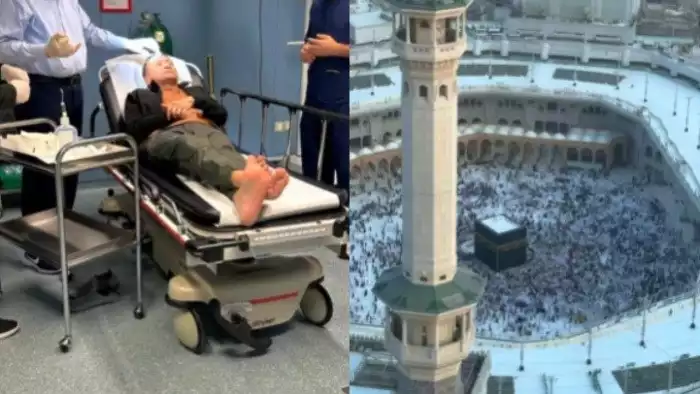 Kepala Arie Untung bocor saat menikmati pemandangan Ka bah, Masjidil Haram, dan Kota Makkah dari kamar hotel