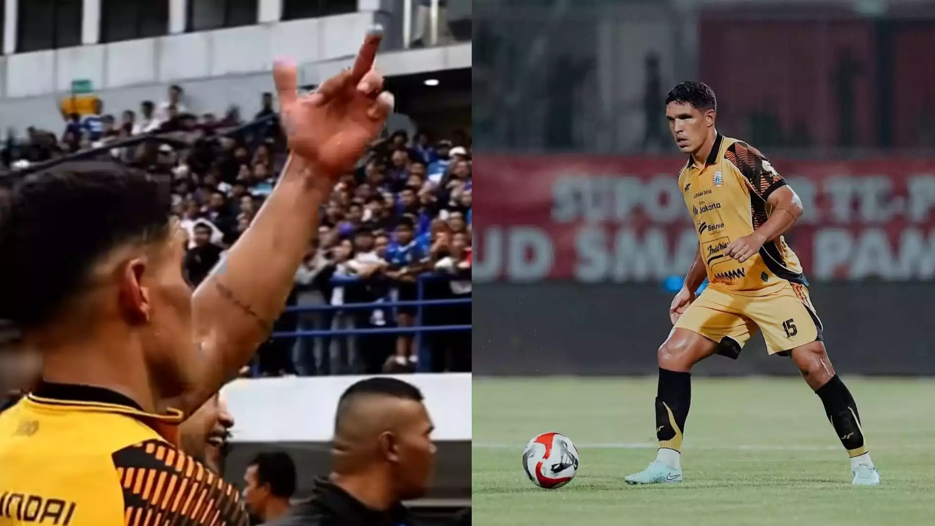 Gelandan Persija Jakarta, Van Basty Sousa, terlihat mengacungkan jari tengah ke arah Bobotoh, usai laga Persib vs Persija pada Minggu (11/1/2026).