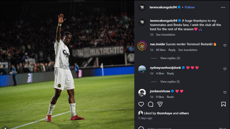 Thom Haye Beri 'Like' Momen Perpisahan Terence Kongolo dengan NAC Breda, Kode Ajakan untuk Gabung Persib Bandung?
            - galeri foto