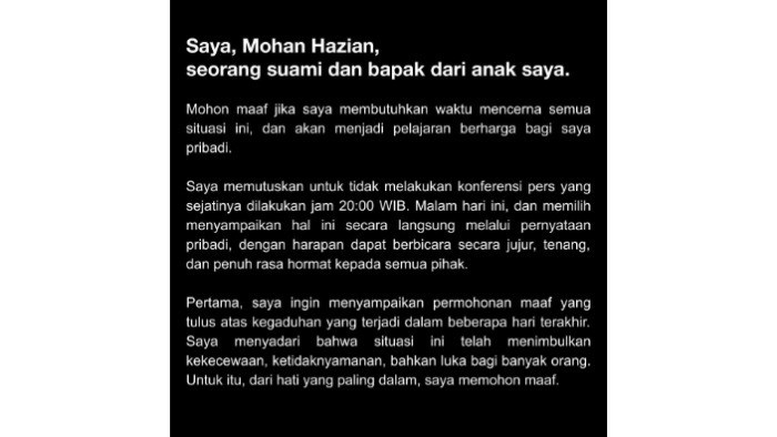 Mohan Hazian Meminta Maaf Buntut Dugaan Kasus Pelecehan Seksual: Kesalahan Masa Lalu Murni Kekhilafan Saya
            - galeri foto