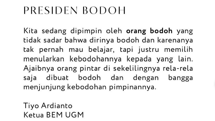Profil Tiyo Ardianto, Ketua BEM UGM yang Diteror Usai Kritik Ekstrem Pemerintah Prabowo-Gibran
            - galeri foto