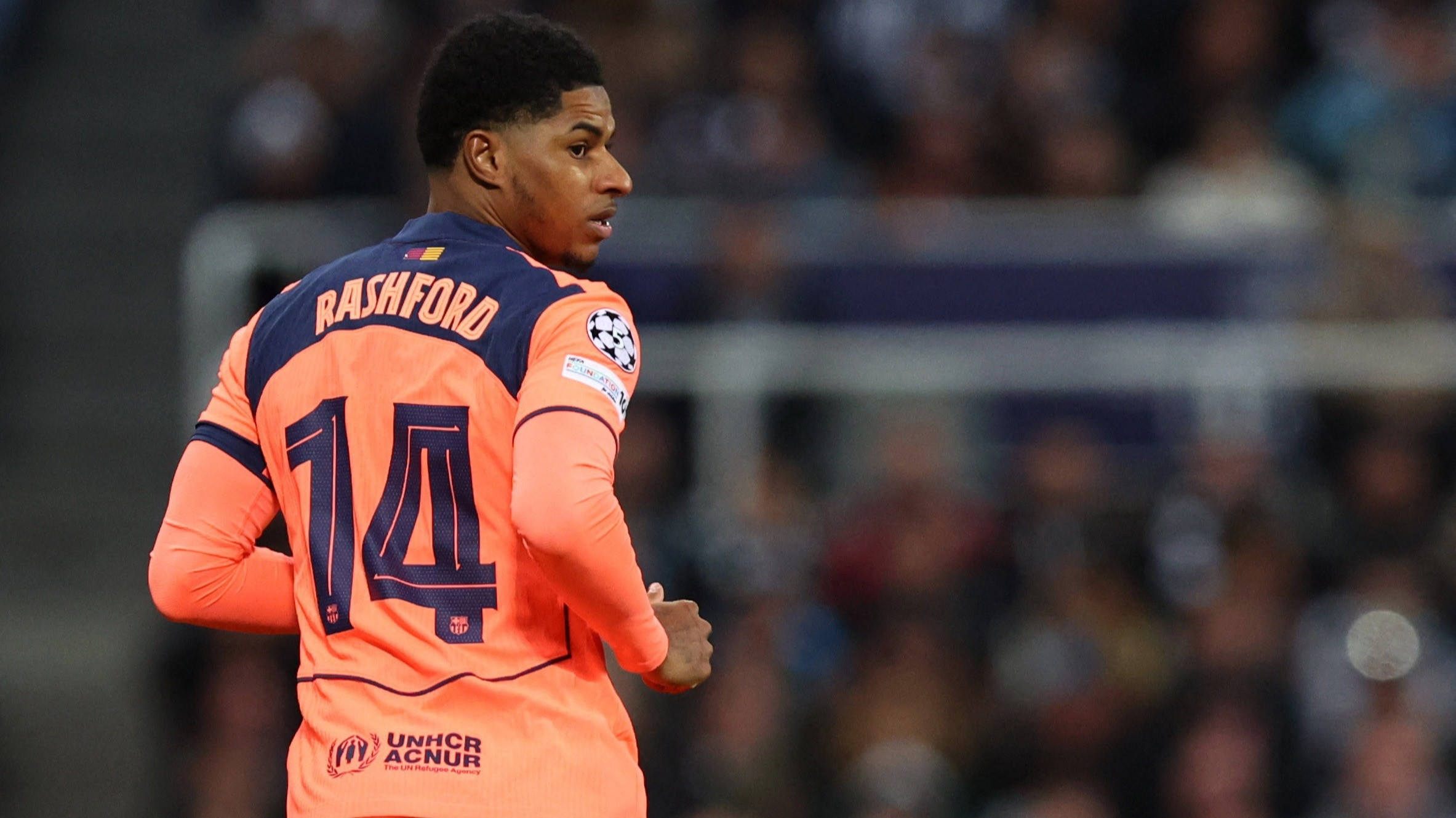 Pemain Manchester United, Marcus Rashford saat membela Barcelona di Liga Champions