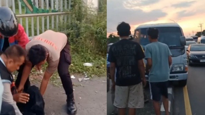 Seorang penyapu koin diamankan polisi setelah ditabrak mobil elf di Jembatan Sewo, di jalur Pantura perbatasan Subang-Indramayu