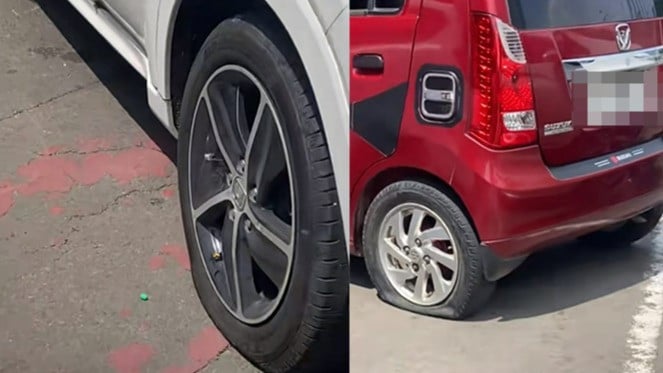 Viral wanita protes sejumlah ban mobil dikempesin diduga parkir liar