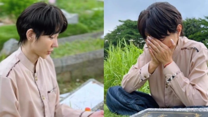 Lucinta Luna berdandan sebagai Muhammad Fatah menangis di sisi makam orang tuanya