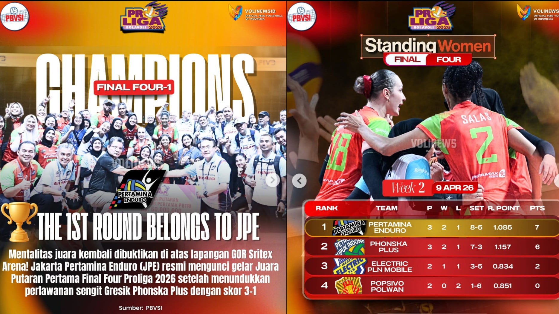 Jakarta Pertamina Enduro  Hancurkan  Harapan Gresik Phonska di Final Four Proliga 2026, Amankan Peluang ke Grand Final