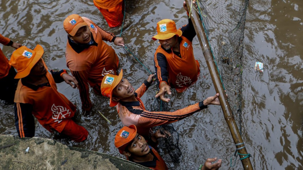 Berita Foto: Puluhan Petugas PPSU Sisir Kali Ciliwung untuk Berantas Ikan Sapu-Sapu