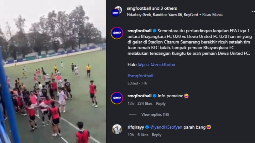 Pemain Bhayangkara FC U-20 layangkan tendangan kungfu ke wajah penggawa Dewa United