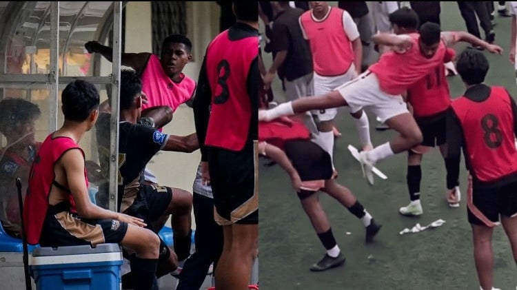 Bintang Timnas Indonesia U-17 Fadly Alberto arahkan tendangan kungfu ke pemain lawan