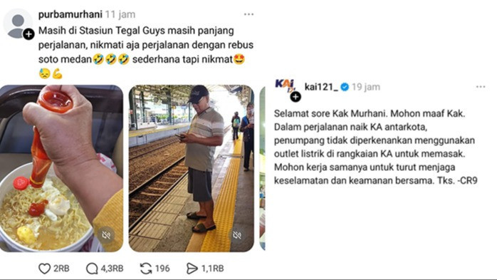 penumpang kereta api memasak mie instan