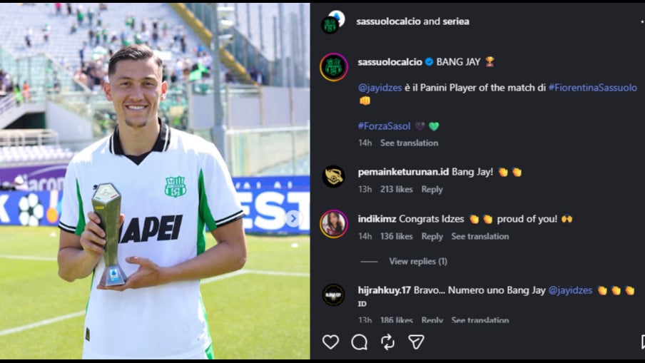 Jay Idzes saat menerima trofi MOTM Serie A