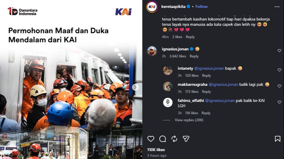Mantan Dirut PT KAI Ignasius Jonan bereaksi usai kecelakaan KA Argo Bromo dengan KRL Commuter Line