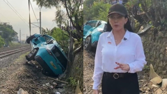 Rieke Diah Pitaloka tinjau lokasi taksi online Green SM diduga mengakibatkan kereta api (KA) Argo Bromo Anggrek tabrak KRL di Stasiun Bekasi Timur
