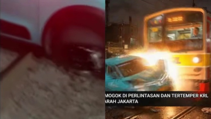 Kolase foto taksi listrik yang mogok di perlintasan kereta Bekasi sebelum ditabrak KRL - Ilustrasi AI saat taksi listrik ditabrak KRL