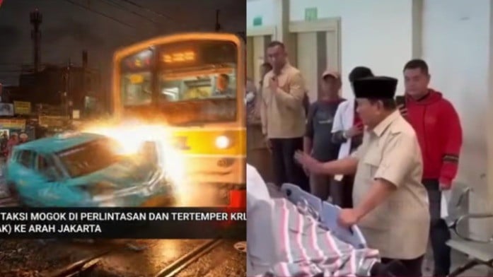 Kolase foto saat taksi listrik Green SM ditabrak KRL - Presiden Prabowo Subianto menjenguk korban tabrakan maut KRL vs KA Argo Bromo Anggrek di Bekasi Timur