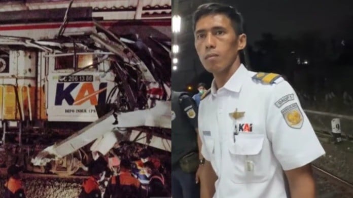 Momen saat masinis KA Argo Bromo Anggrek Nofiandri berbicara terkait insiden kecelakaan maut yang melibatkan keretanya dengan KRL di Stasiun Bekasi Timur, Senin (27/4/2026).