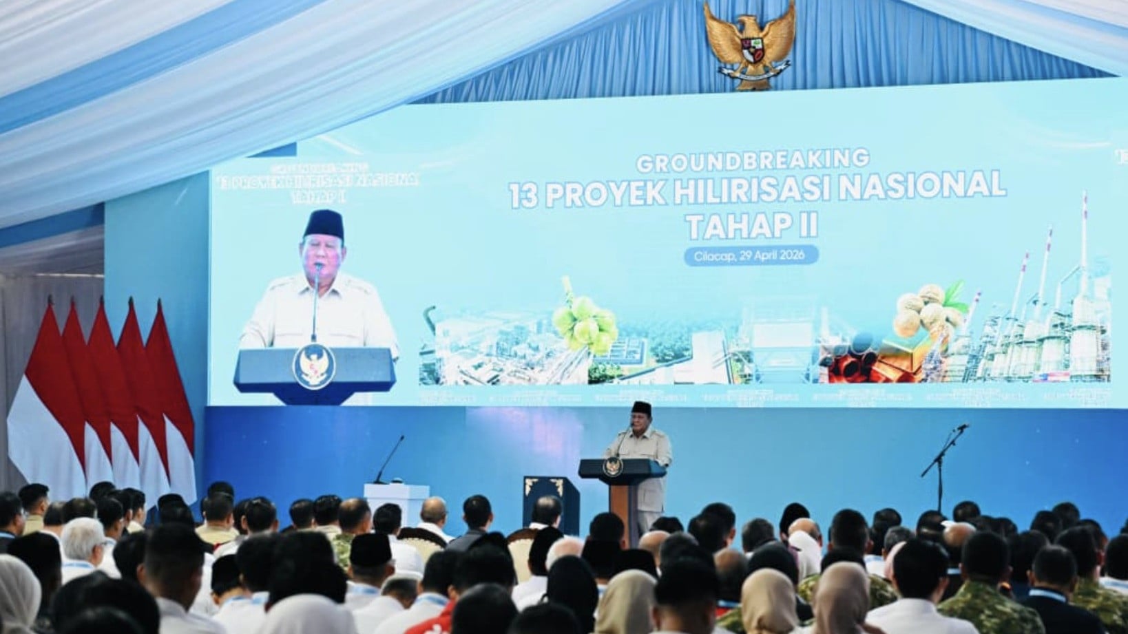 Presiden RI Prabowo Subianto dalam groundbreaking 13 Proyek Hilirisasi Nasional Tahap II di Cilacap, Jawa Tengah, pada Rabu (29/4/2026).