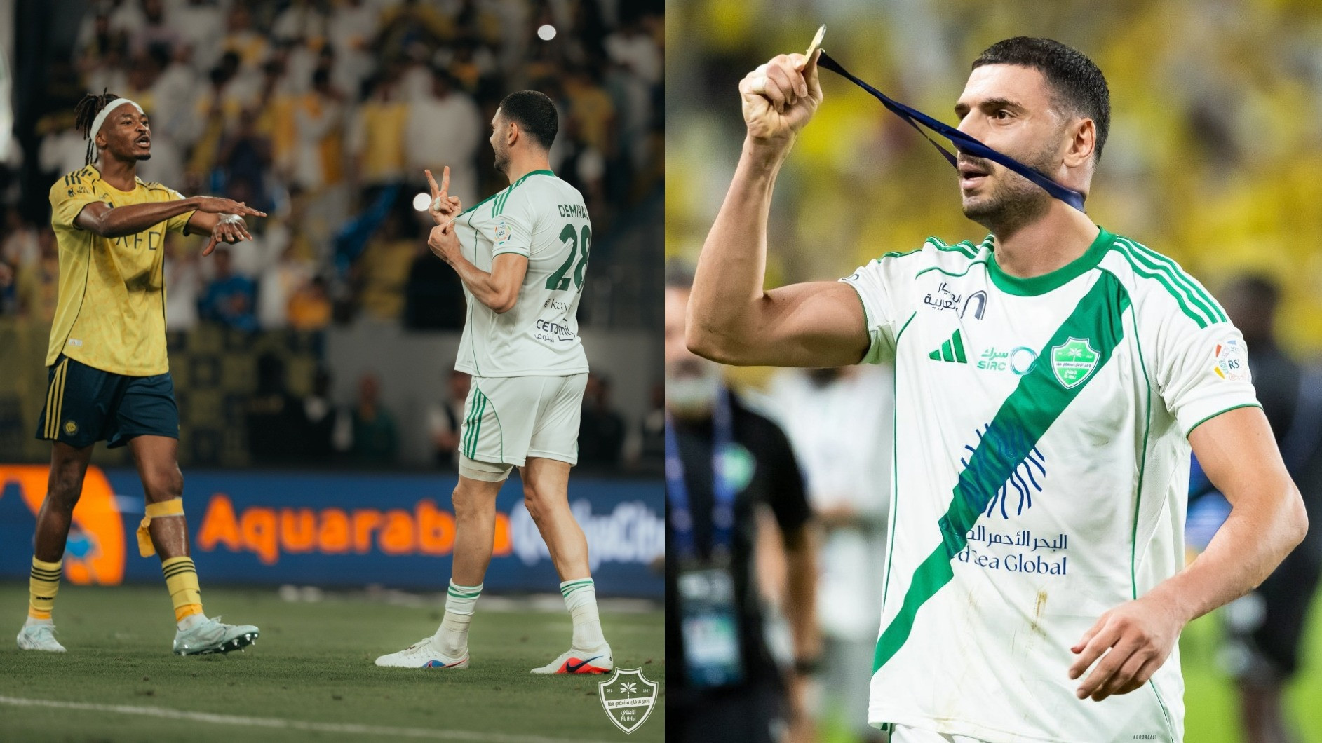 Merih Demiral memamerkan medali ACL yang diraihnya dengan Al Ahli usai laga melawan Al Nassr pada 30 April 2026 dini hari WIB.