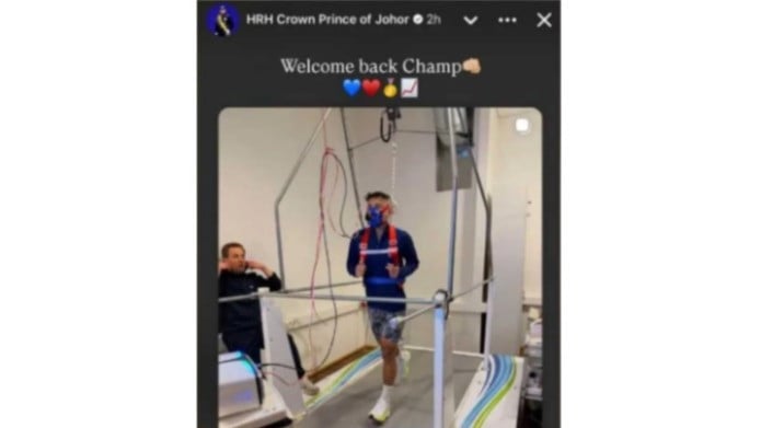 Unggahan Instagram pemilik JDT Yang Mulia Tunku Mahkota Ismail merayakan pulihnya wonderkid Malaysia Arif Aiman Hanapi.