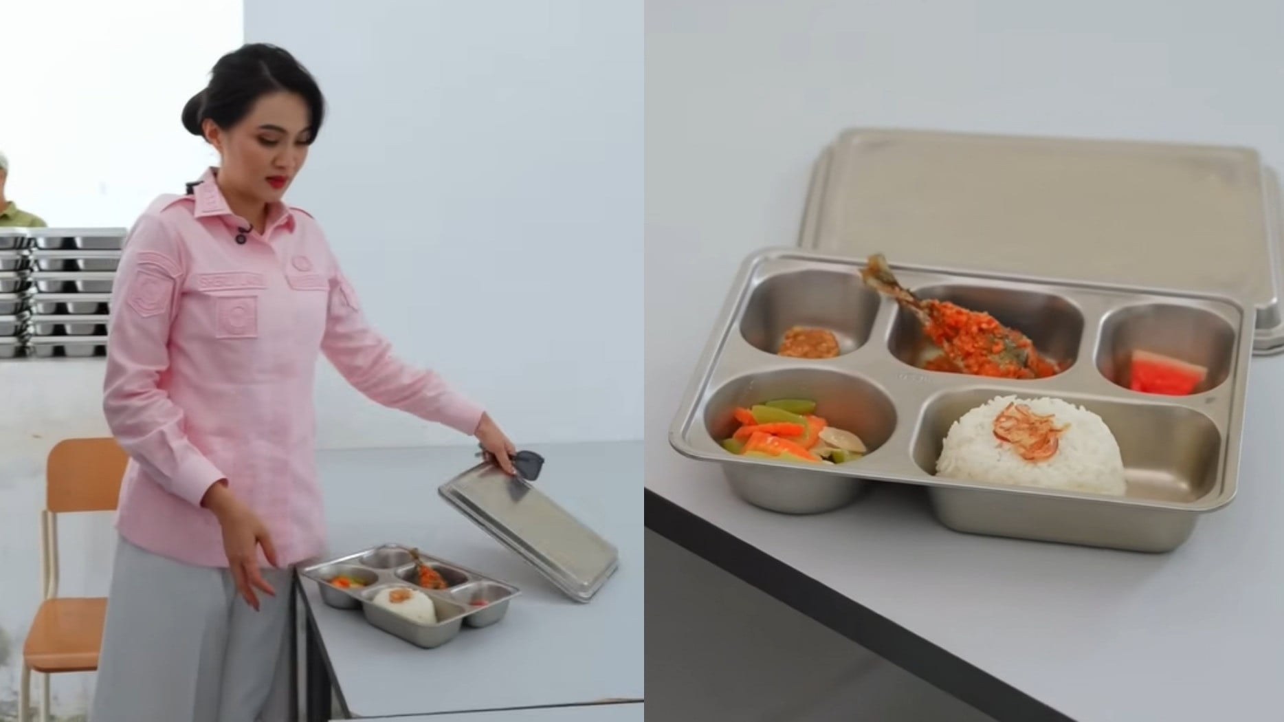 Gubernur Maluku Utara, Sherly Tjoanda, saat mengecek makanan untuk para siswa di Sekolah Rakyat (SR) Akekolano.