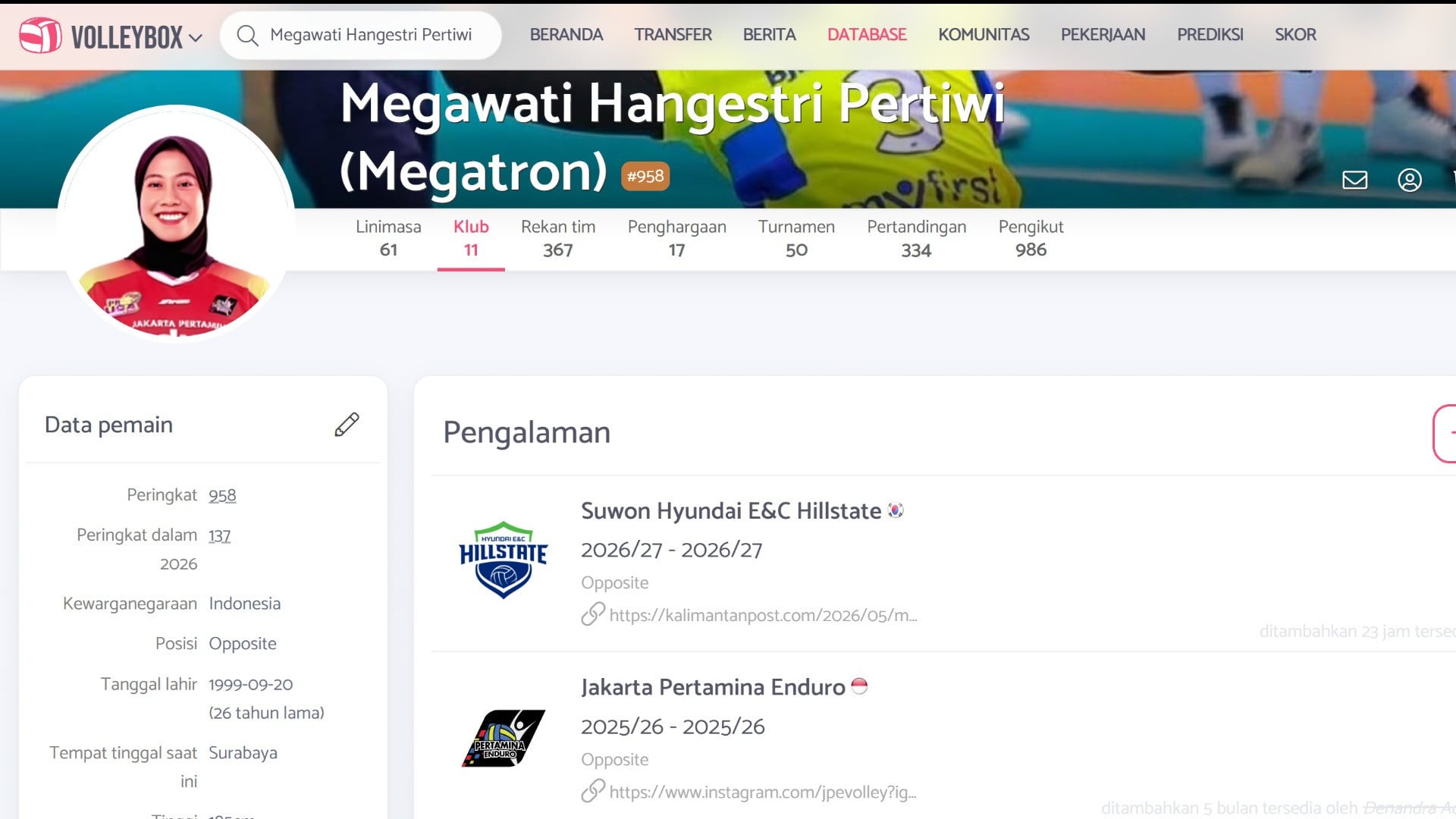 Tok! Megawati Hangestri Masuk Daftar Pemain Hyundai Hillstate, Kategori Top Pevoli Putri Nomor 958 Dunia Women Volleybox