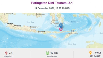Breaking News: BMKG Rilis Data Terbaru Gempa di NTT. Gempa Magnitudo 7,4 di Kedalaman 10 km