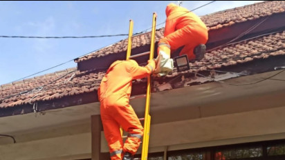 Berbahaya, Tim Damkar Evakuasi Sarang Tawon dari Atap Gedung Dinas PUPR Kota Probolinggo