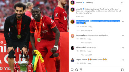 Sadio Mane dan Mohamed Salah Saling Ucapkan Kalimat Perpisahan Mengharukan
