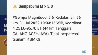 Gempa Bumi Bermagnitudo 5,6 Guncang Aceh Jaya