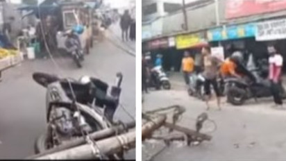 Sebuah Tiang Listrik Di Lembang Roboh Secara Tiba-Tiba Menimpa Seorang Pengendara Motor dan Kios Pedagang